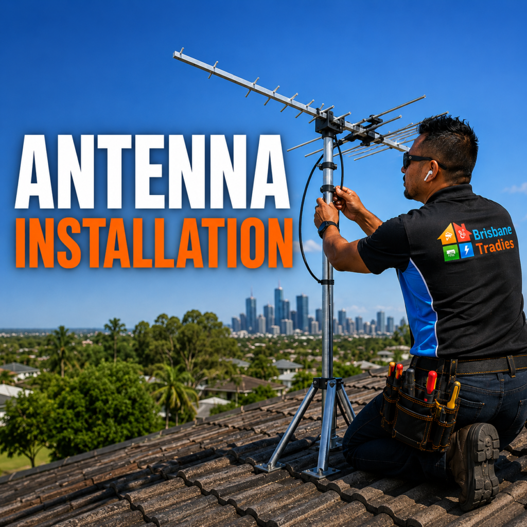 Professional antenna installation technician installing a digital TV antenna on a rooftop in Brisbane with city skyline background.