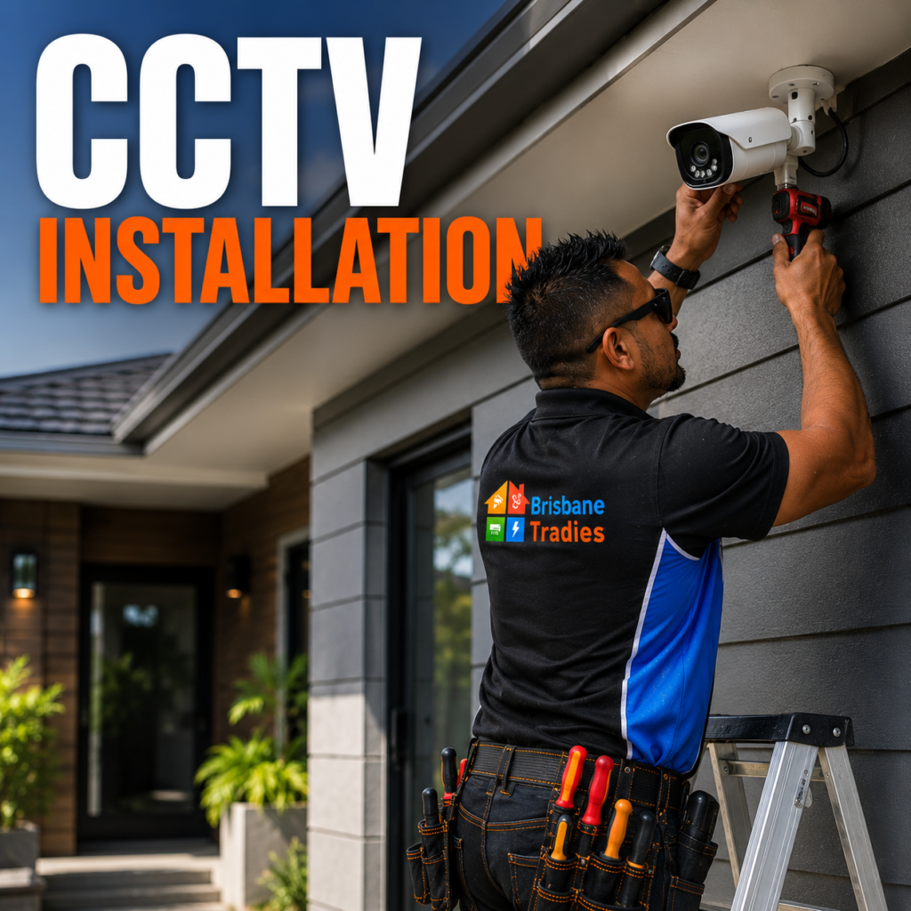 Professional CCTV installation technician installing a security camera outside a modern Brisbane home for Brisbane Tradies.