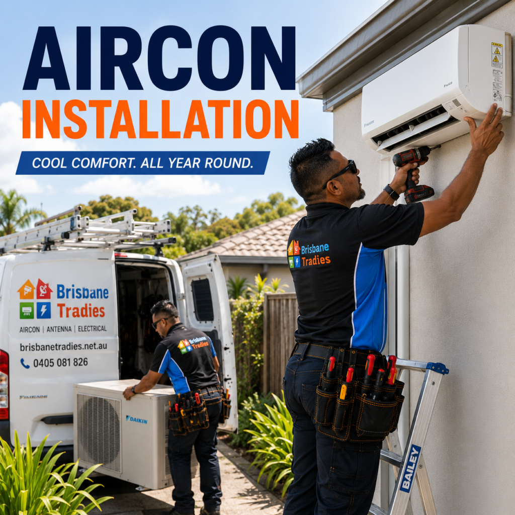 Professional air conditioning installation at a Brisbane home with technician installing a Daikin split system air conditioner beside a Brisbane Tradies service van.